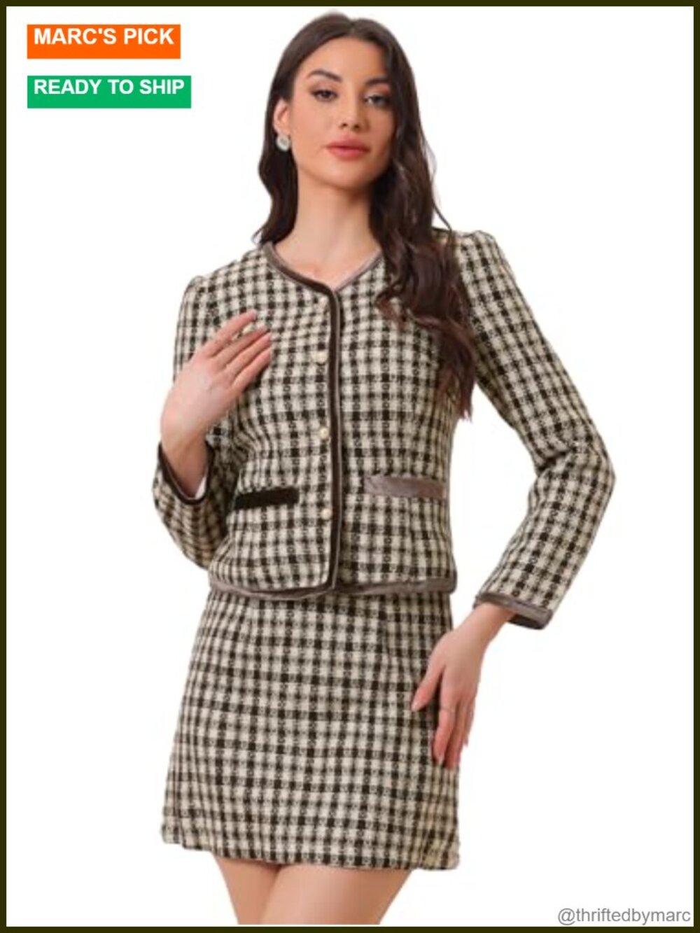 Women's Business Suit Set Plaid Tweed Jacket Crop Blazer Mini Skirt